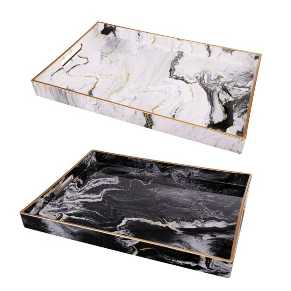 Set of 2 Black and White Quinn Rectangular Trays with Gold Accents 18.75