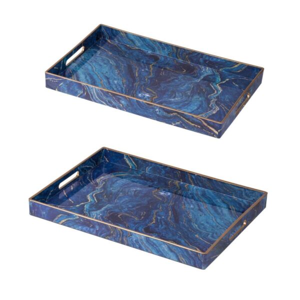 Set of 2 Blue and Bronze Modern Chic Rectangular Trays 18.75