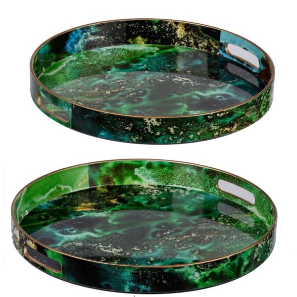 Set of 2 Emerald Green and Gold Modern Chic Round Trays 13.75