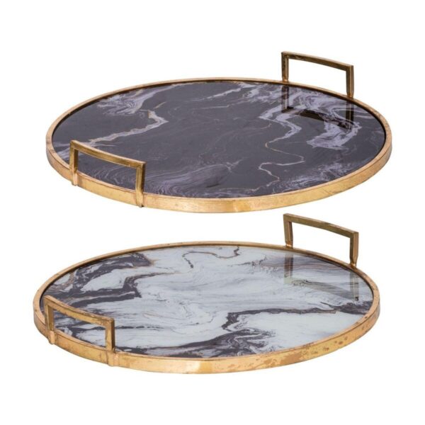 Set of 2 Gold and Black Modern Chic Round Trays 22.5