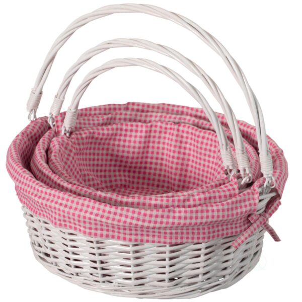 Set of 3 Traditional White Round Gift Basket With Gingham Liner And Sturdy Foldable Handles