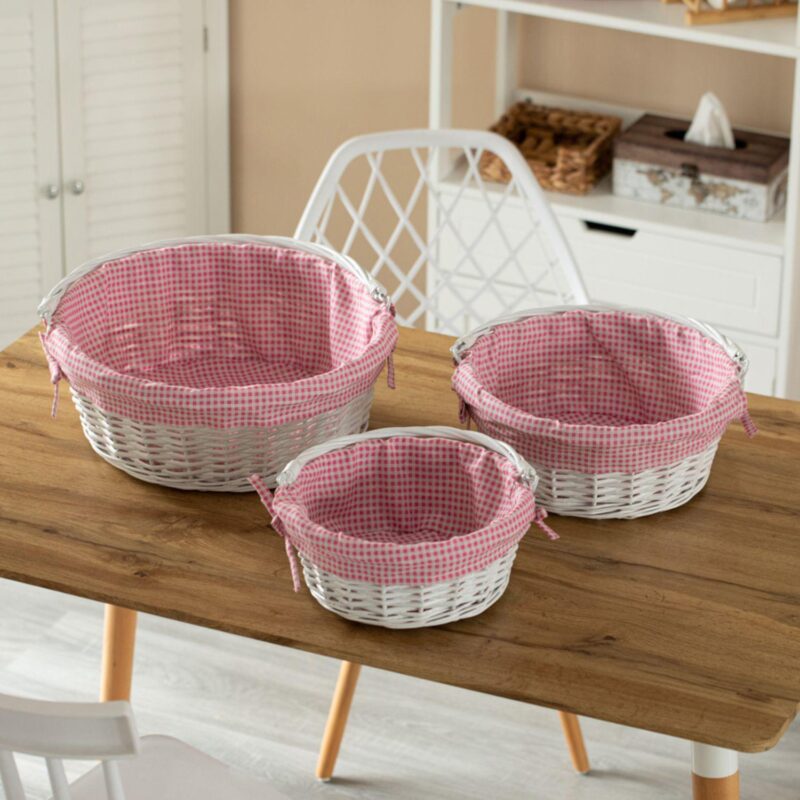 Set of 3 Traditional White Round Gift Basket With Gingham Liner And Sturdy Foldable Handles - Image 2