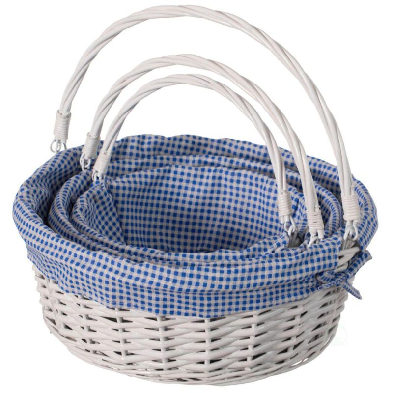 Set of 3 Traditional White Round Gift Basket With Gingham Liner And Sturdy Foldable Handles - Image 6