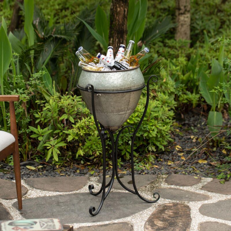 Silver Galvanized Metal Beverage Cooler Tub with Liner and Stand - Image 2