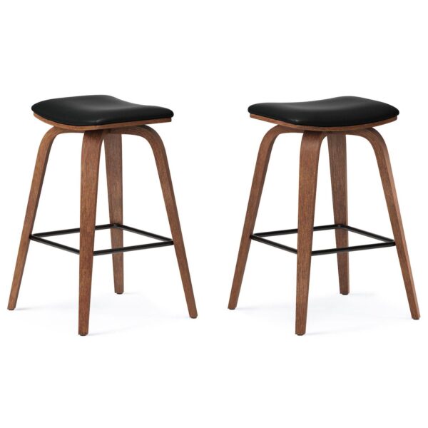 Simpli Home Larsen Saddle Bar Stool in Black Faux Leather Set of 2