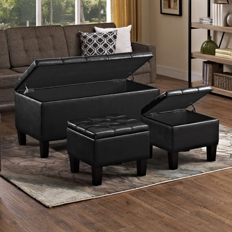 Simply Home Dover Faux-Leather Storage Ottoman Bench 3-piece Set - Image 2