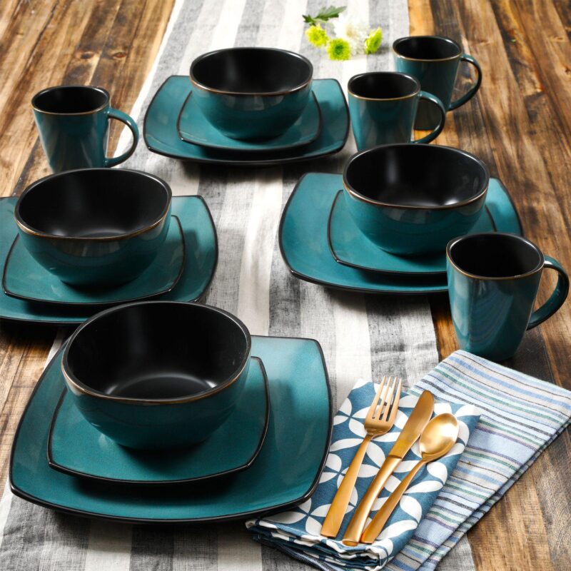 Soho Lounge 16-Piece Soft Square Dinnerware Set in Teal Green - Image 3