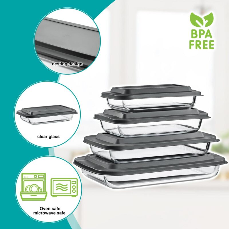 Sorbus 8-Piece Deep Glass Baking Dish Set with Lids - Versatile, Durable, Oven-Safe, and Dishwasher-Safe for Easy Baking, Storing, and Serving - Image 3