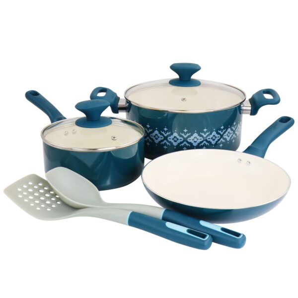 Spice By Tia Mowry Savory Saffron 7 Piece Ceramic Nonstick Aluminum Cookware Set with Nylon Utensils