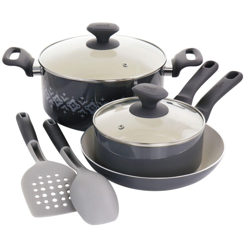 Spice by Tia Mowry Savory Saffron 7 Piece Ceramic Nonstick Aluminum Cookware Set with Nylon Utensils in Grey - Image 2