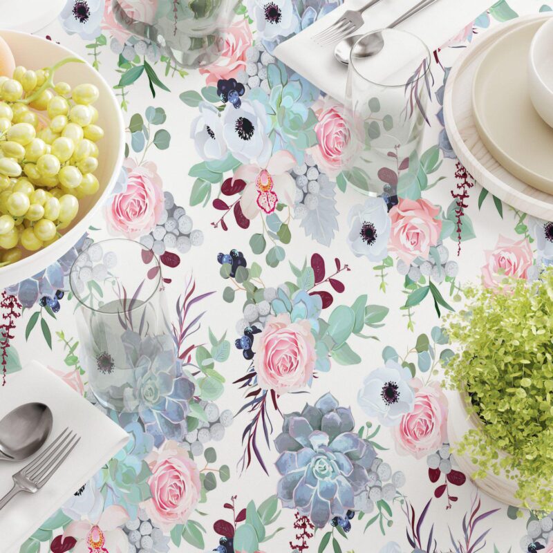 Square Tablecloth, 100% Polyester, 70x70 , Pink Roses and Succulents - Image 3