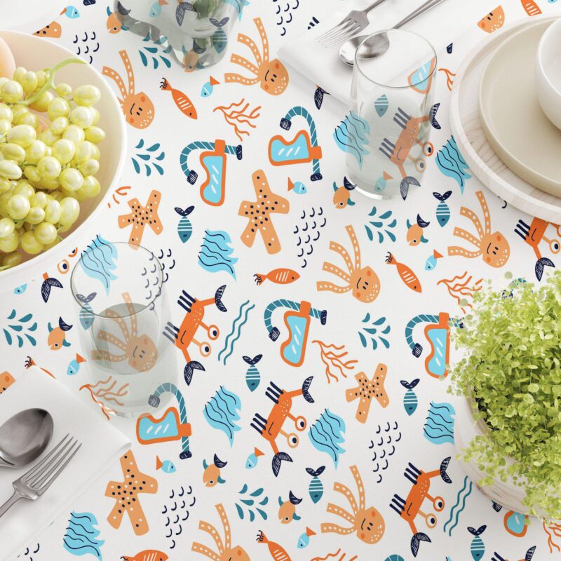 Square Tablecloth, 100% Polyester, 60x60 , Hand Drawn Marine Life - Image 3