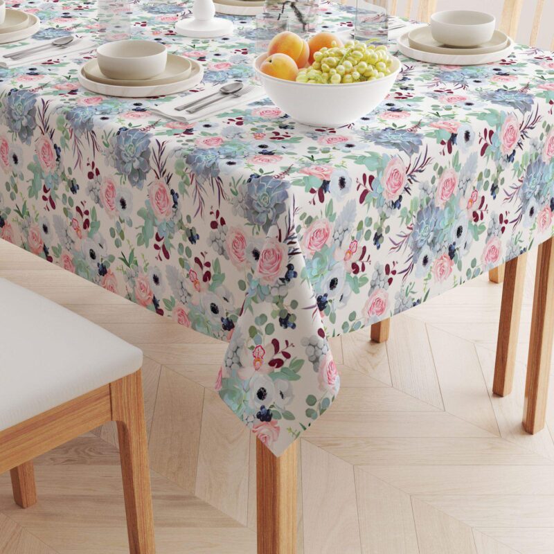 Square Tablecloth, 100% Polyester, 70x70 , Pink Roses and Succulents - Image 2