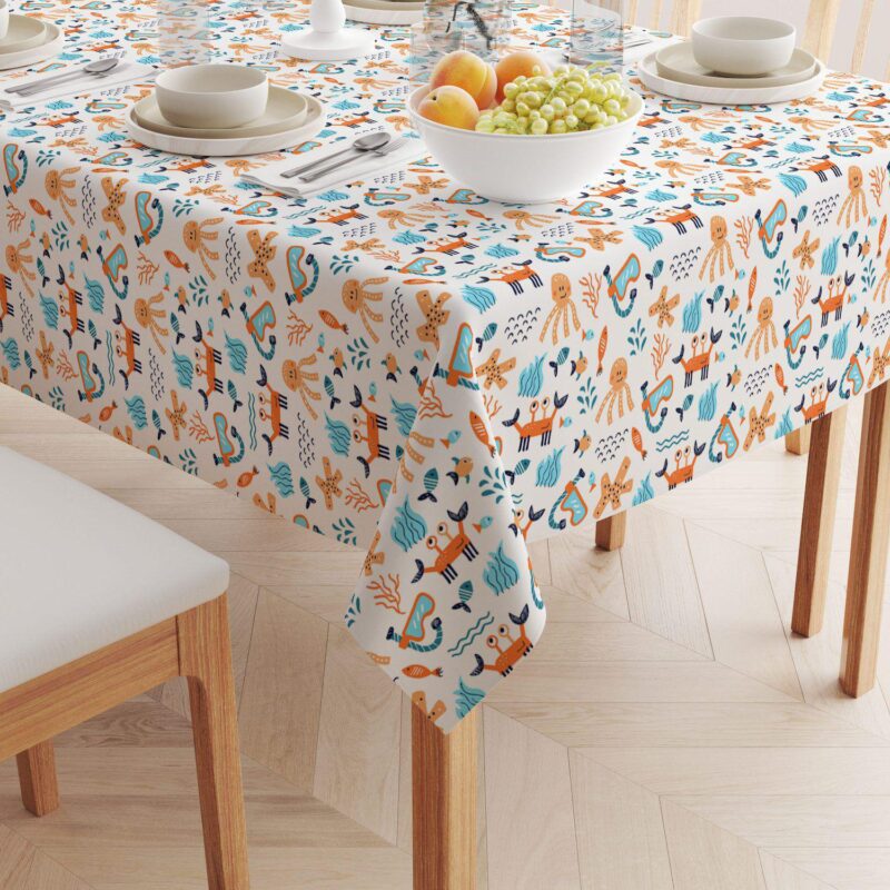 Square Tablecloth, 100% Polyester, 60x60 , Hand Drawn Marine Life - Image 2