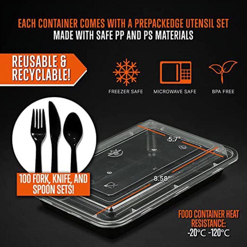 Squatz 100 Microwavable Food Container - 33oz Black Rectangular Meal Box Storage with Lids (Black) - Image 5