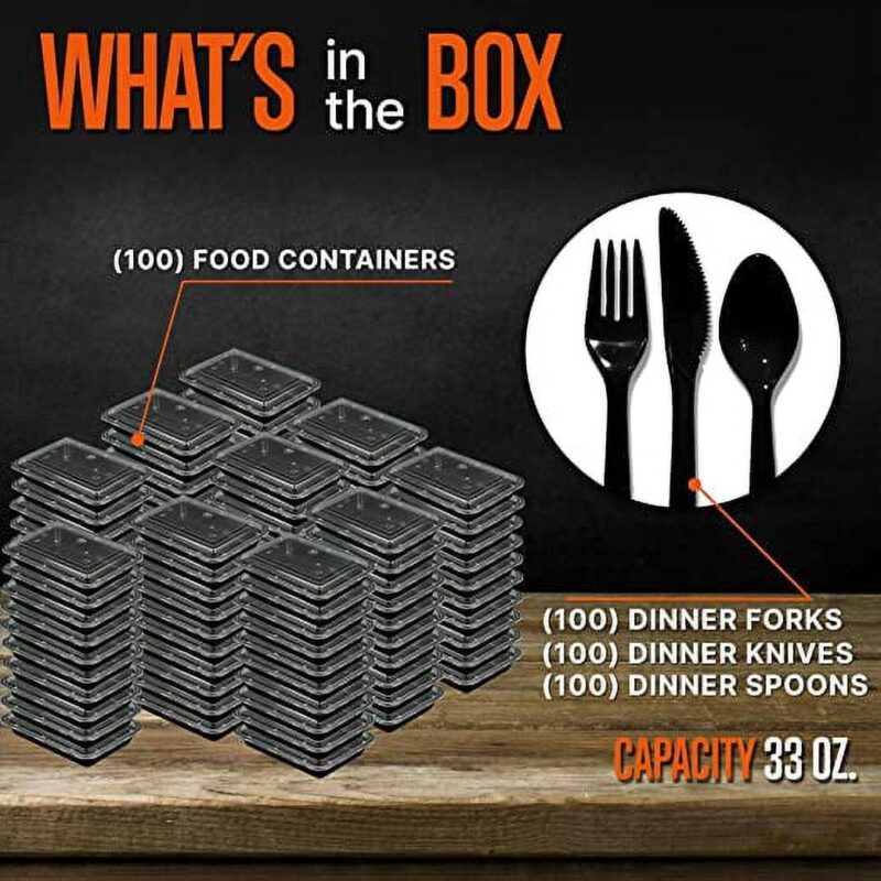 Squatz 100 Microwavable Food Container - 33oz Black Rectangular Meal Box Storage with Lids (Black) - Image 2