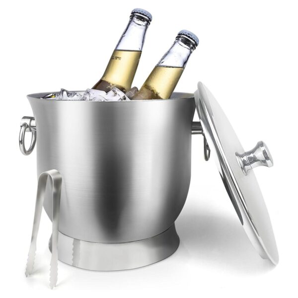 Stainless Steel Ice Bucket With Ice Tongs, Scoop, Lid, And Exclusive Handmade Nylon Holder - 3.3 L