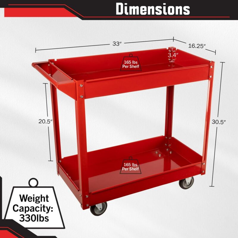Stalwart Tool Cart - 2-Tier 330lb Capacity Rolling Utility Cart with Wheels - Image 6