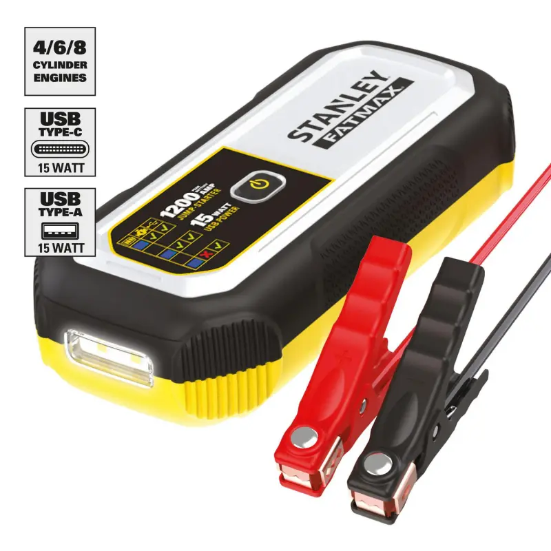 Stanley FatMax 1200A, Lithium Jump Starter with 15 Watt USB-A and USB-C Power, Includes clamps - Image 4