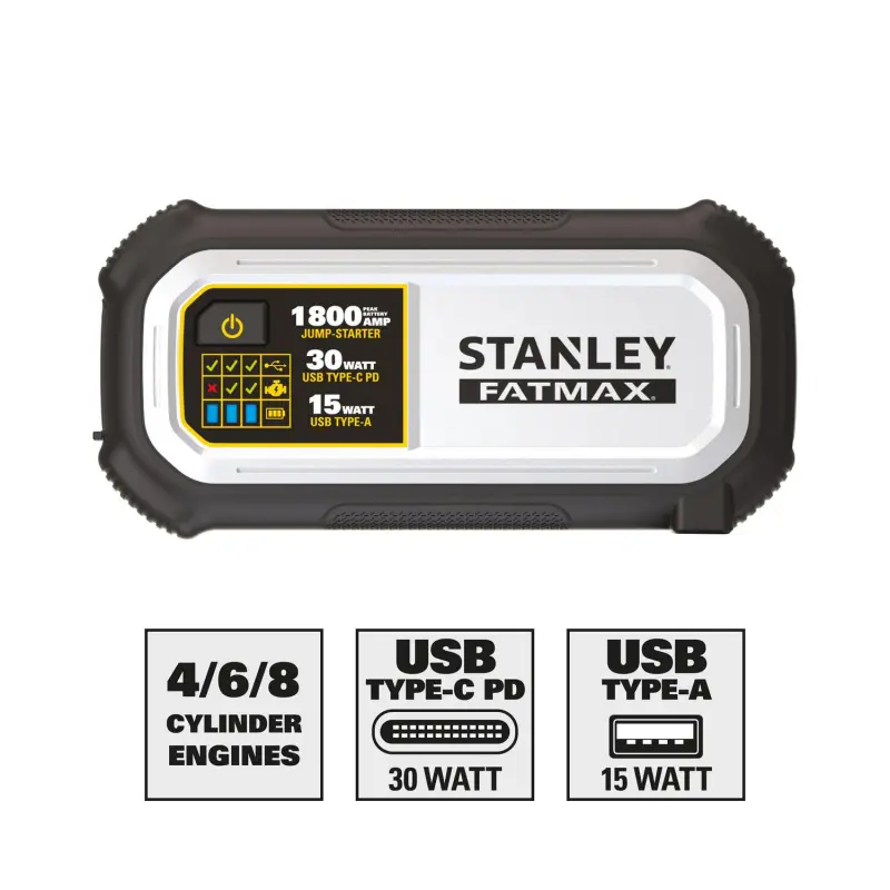Stanley FatMax 1800A Lithium Jump Starter with 30W USB-C-PD In/Out and 15W USB-A Out, Includes Clamps - Image 3