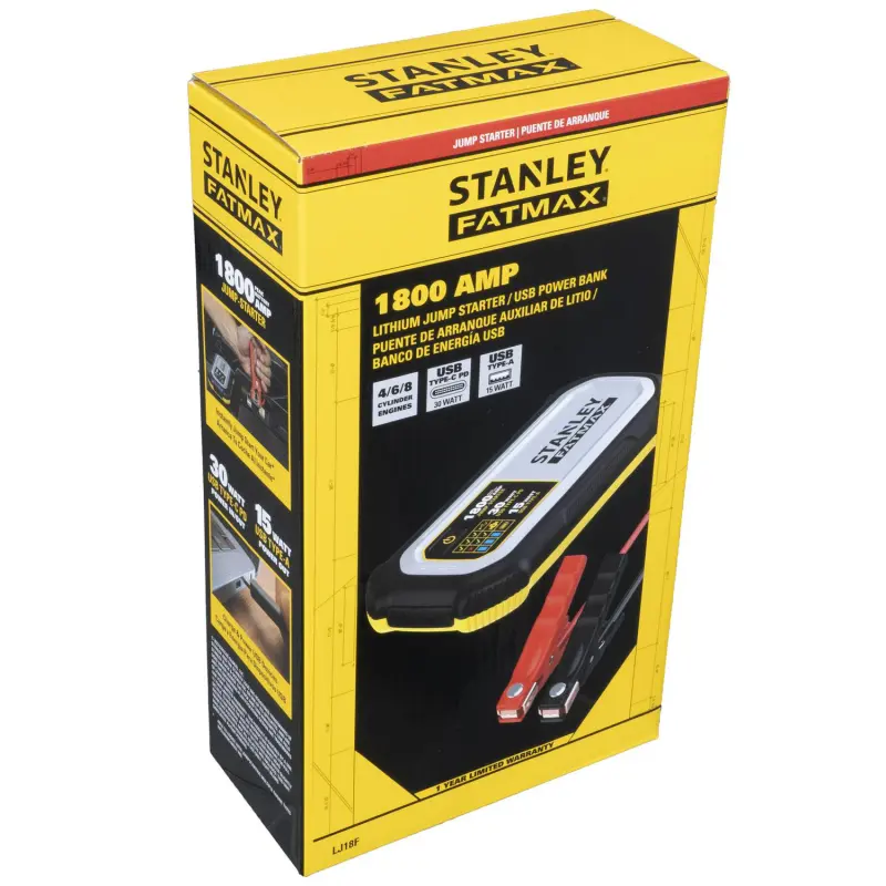Stanley FatMax 1800A Lithium Jump Starter with 30W USB-C-PD In/Out and 15W USB-A Out, Includes Clamps - Image 2