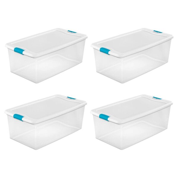 Sterilite 106 Qt Clear Plastic Stackable Storage Bin w/ White Latch Lid, 4 Pack