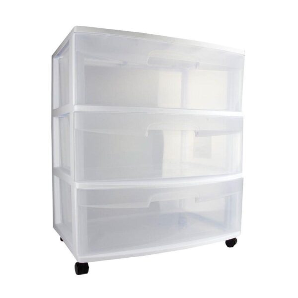 Sterilite Wide 3 Drawer Rolling Storage Cart Container, Clear with White Frame