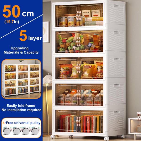 Storage Bins with Lids- 5 Tier Folding Storage box with Doors and Wheels, Collapsible Plastic Storage Bins for Closets, Stackable Storage Organizer, Storage Containers for Closet, White