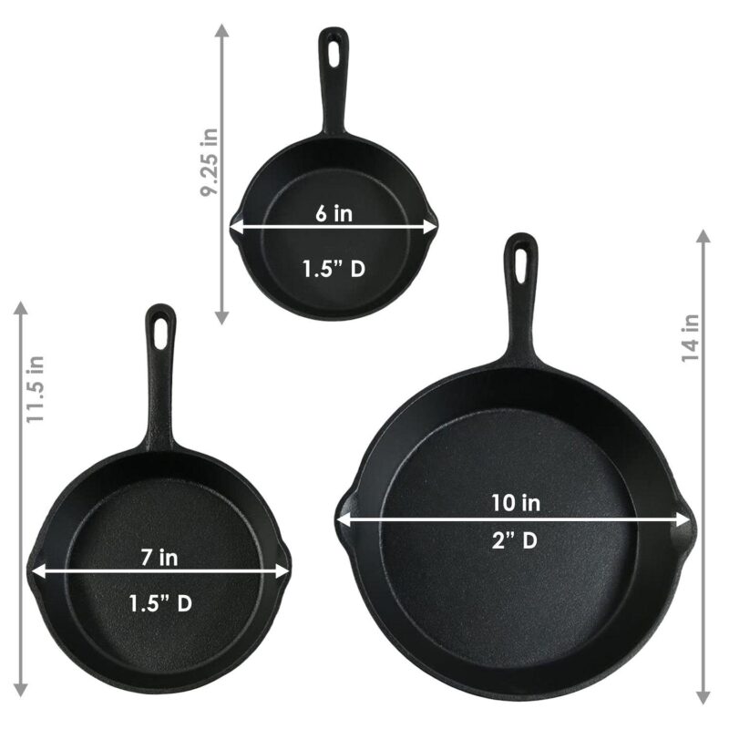 Sunnydaze 3-Piece Cast Iron Pre-Seasoned Skillet Set with 3 Pans - Image 4
