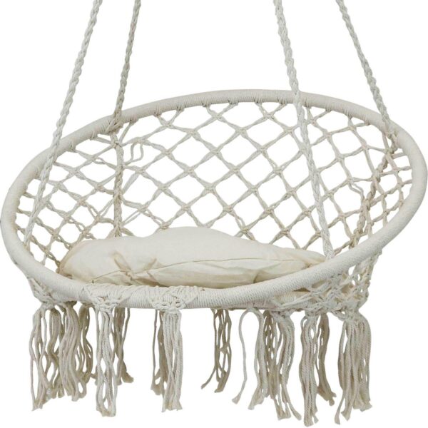 Sunnydaze Cotton Rope Macrame Hammock Chair with Tassels/Cushion - Cream