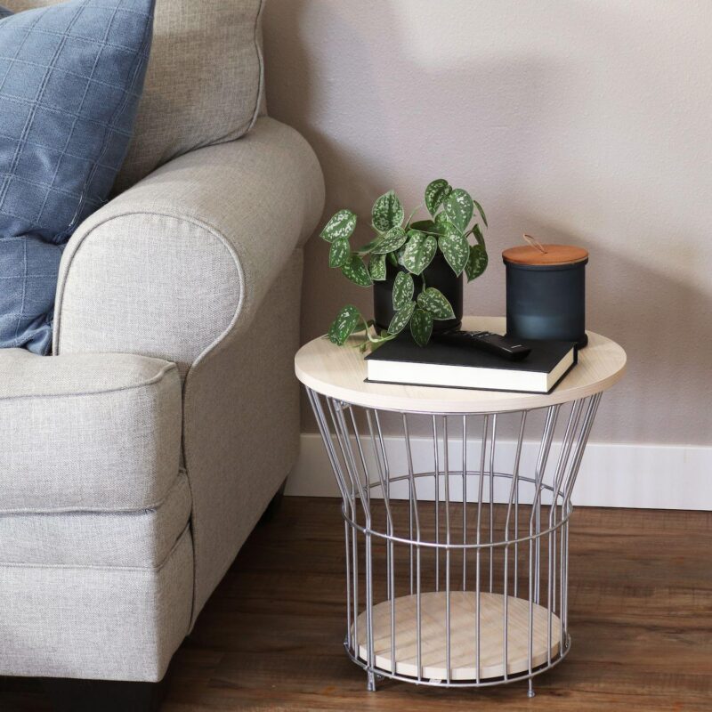 Sunnydaze Wire Pedestal End Table With Faux Wood Tabletop - Image 2