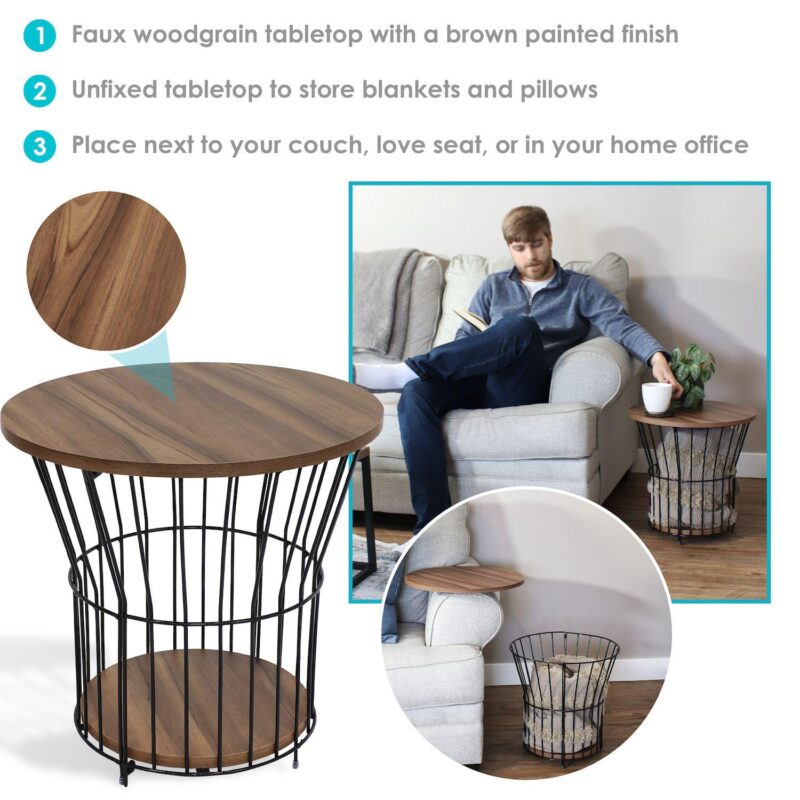 Sunnydaze Wire Pedestal End Table With Faux Wood Tabletop - Image 3