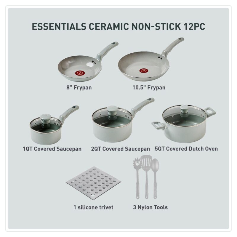 T-Fal Essentials 12-Piece Non-Stick Ceramic Pots and Pans Cookware Set - Image 2