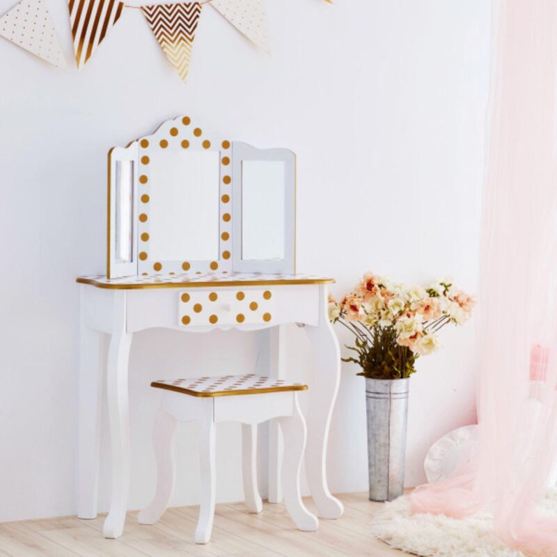 Teamson Kids White Polka Dot Play Vanity 2-piece Set - Image 2