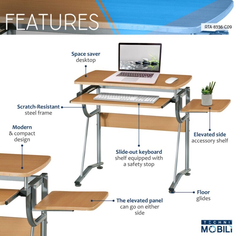 Techni Mobili Compact Computer Desk with Side Shelf and Keyboard Panel - Image 8