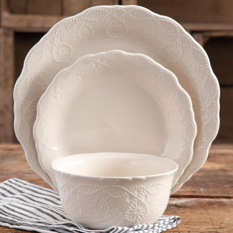 The Pioneer Woman Cowgirl Lace 12-Piece Dinnerware Set, Linen - Image 3