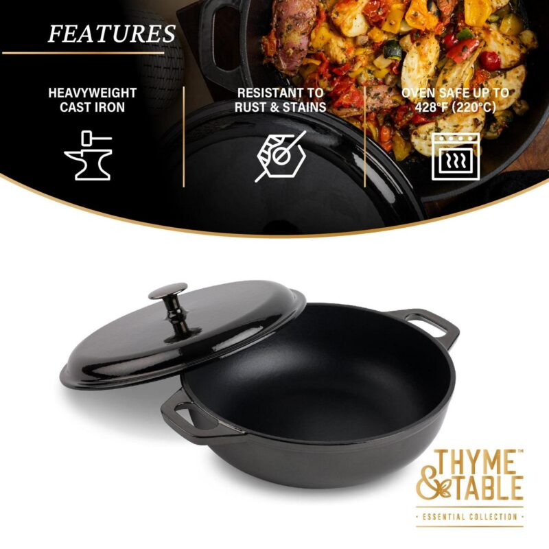 Thyme and Table 5.2 QT Enameled Cast Iron Braiser, Black - Image 4