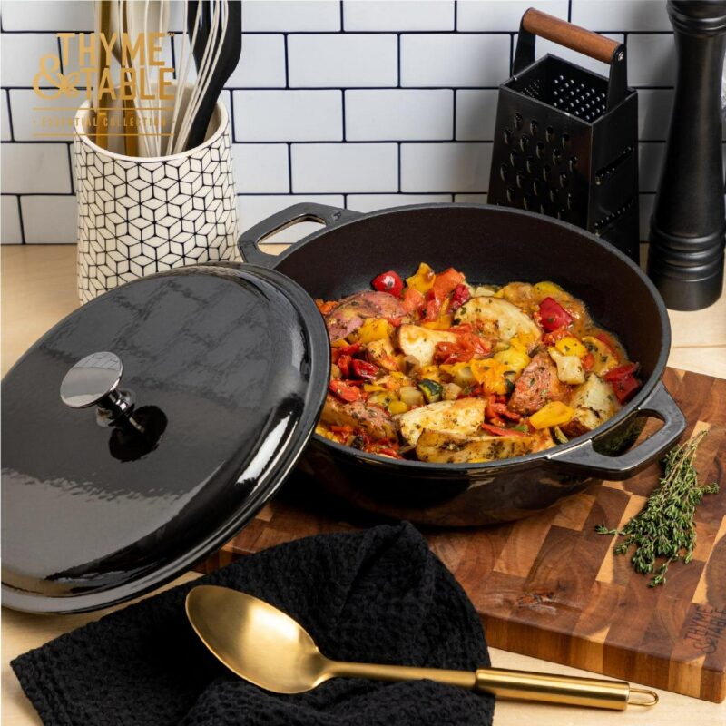 Thyme and Table 5.2 QT Enameled Cast Iron Braiser, Black - Image 3