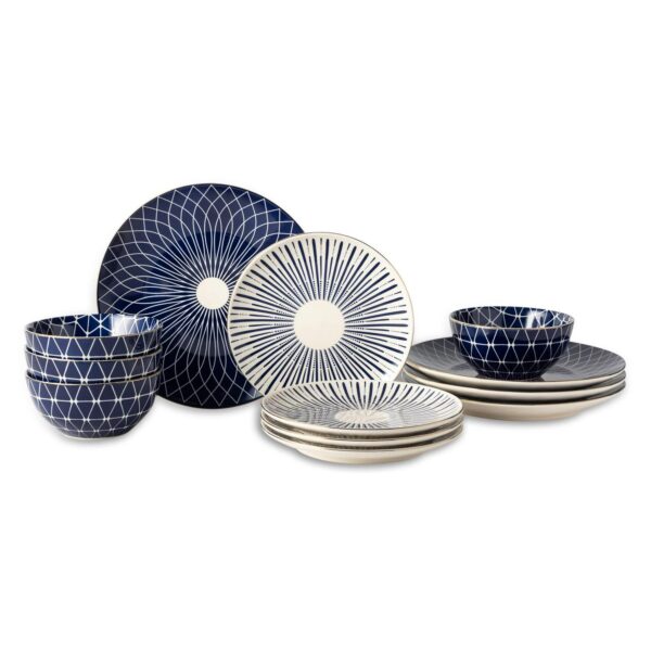 Thyme and Table Blue and White Calypso Collection, 12-Piece Stoneware Dinnerware Set