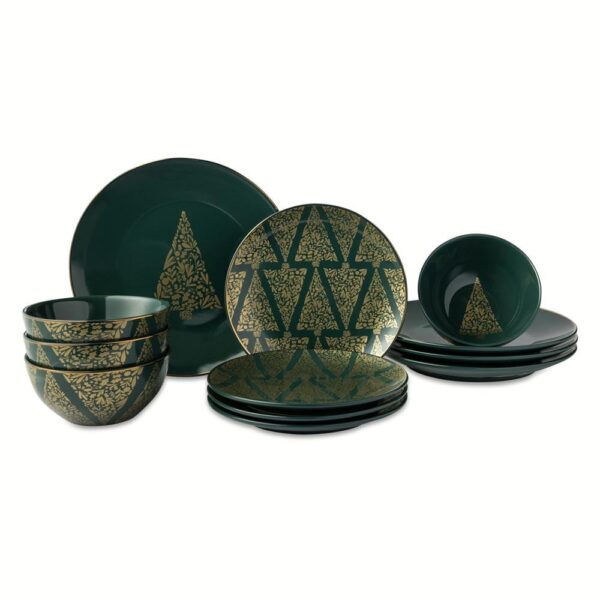 Thyme and Table Holiday Tree 12-Piece Ceramic Dinnerware Set - Green