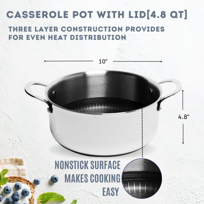 Tri-ply Stainless Steel Scratch Resistant Nonstick 4.8 QT Dutch Oven with Glass Lid - Image 4