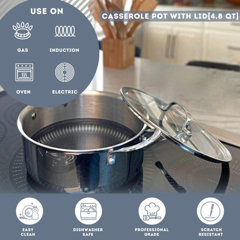 Tri-ply Stainless Steel Scratch Resistant Nonstick 4.8 QT Dutch Oven with Glass Lid - Image 3