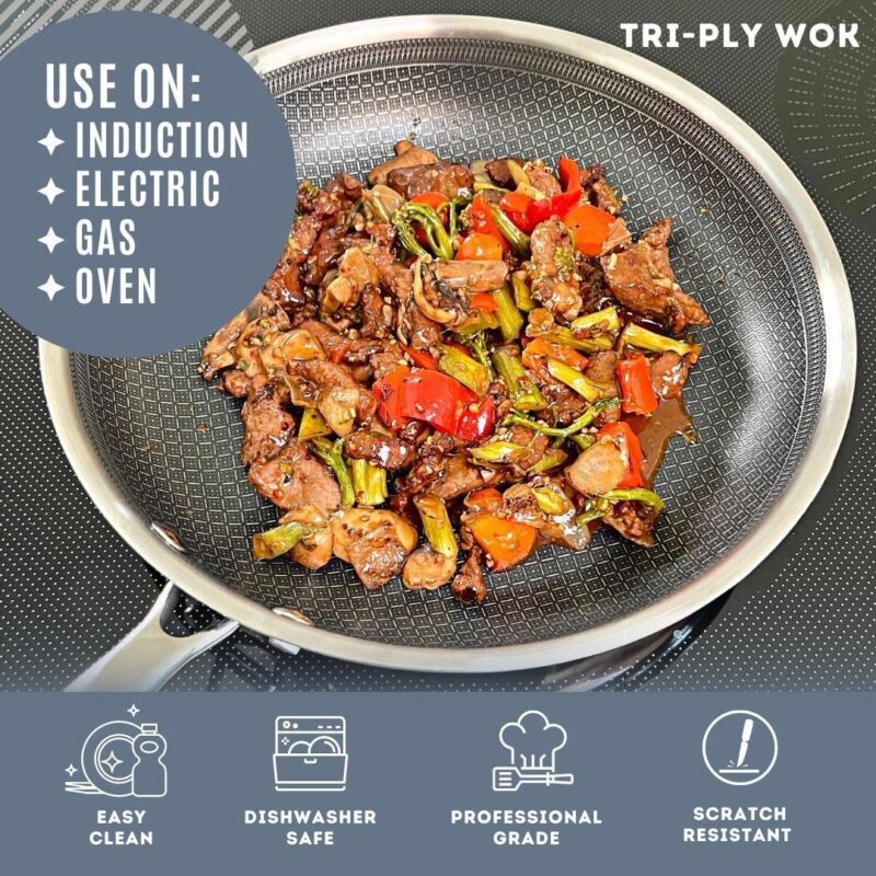 Tri-ply Stainless Steel Scratch Resistant Nonstick 5 QT Wok with Glass Lid - Image 3