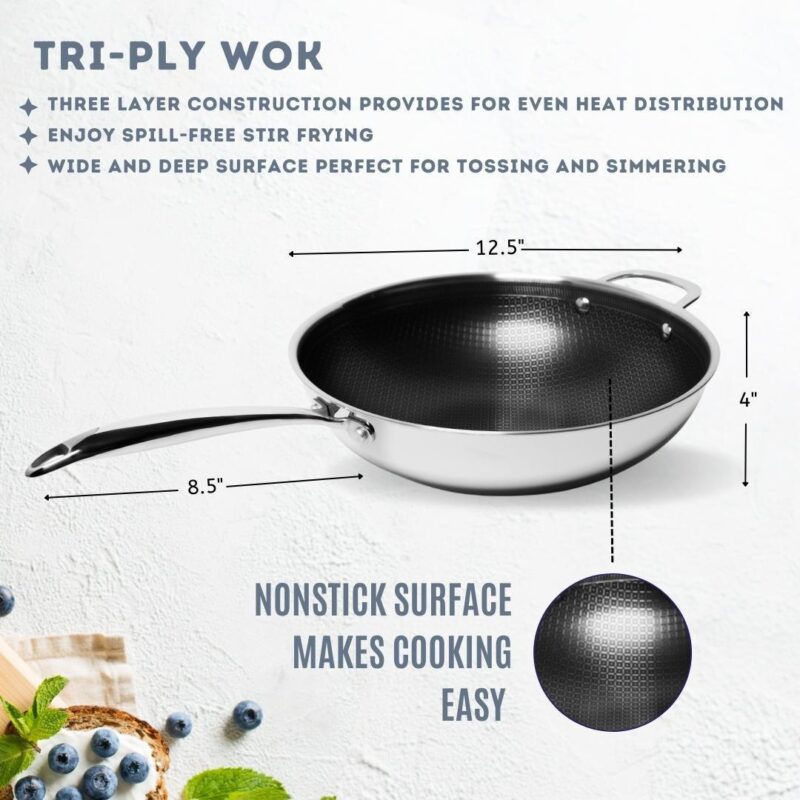 Tri-ply Stainless Steel Scratch Resistant Nonstick 5 QT Wok with Glass Lid - Image 4