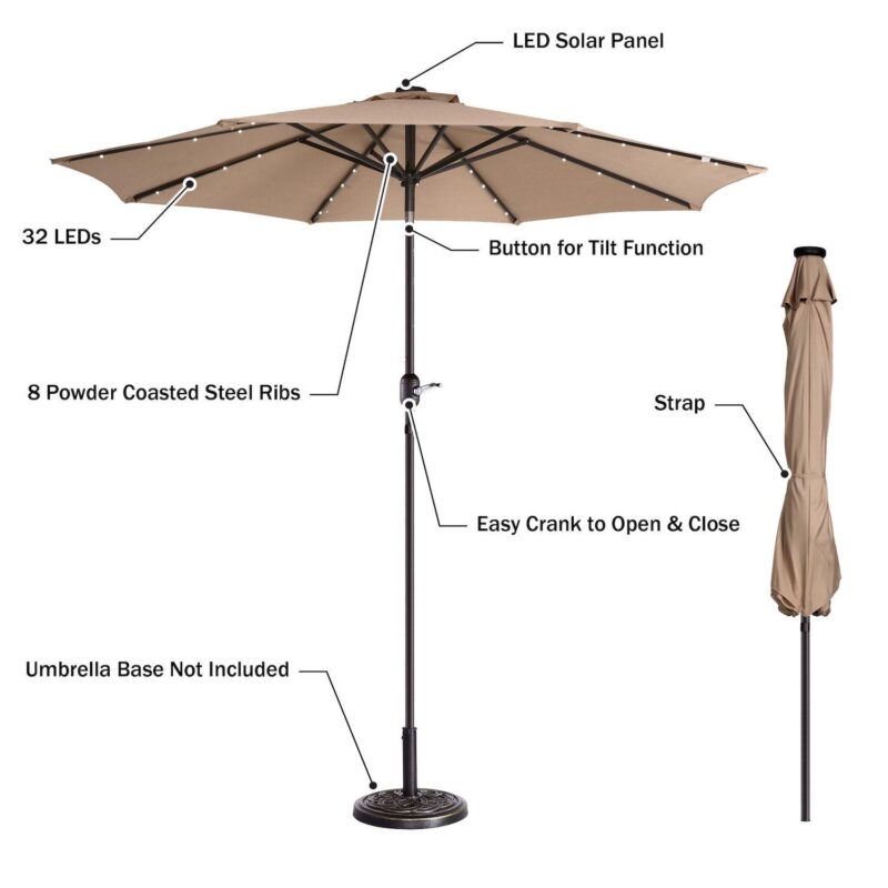 Villacera 9-ft Auto Tilt Outdoor Patio Umbrella with 32-LED Solar Lights - Image 8