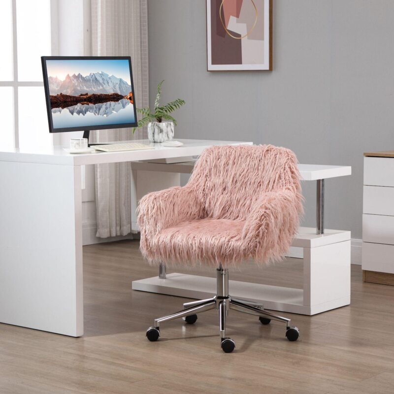 Vinsetto Faux Fur Desk Chair Swivel Vanity Chair with Adjustable Height and Wheels for Office Bedroom Pink - Image 3