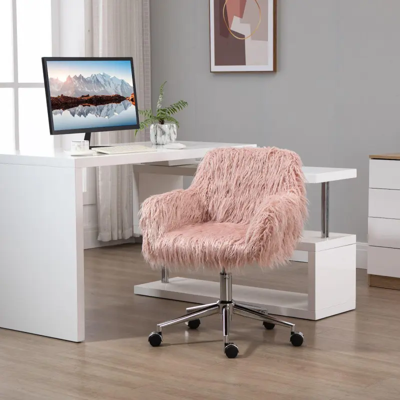 Vinsetto Faux Fur Desk Chair Swivel Vanity Chair with Adjustable Height and Wheels for Office Bedroom Pink - Image 3