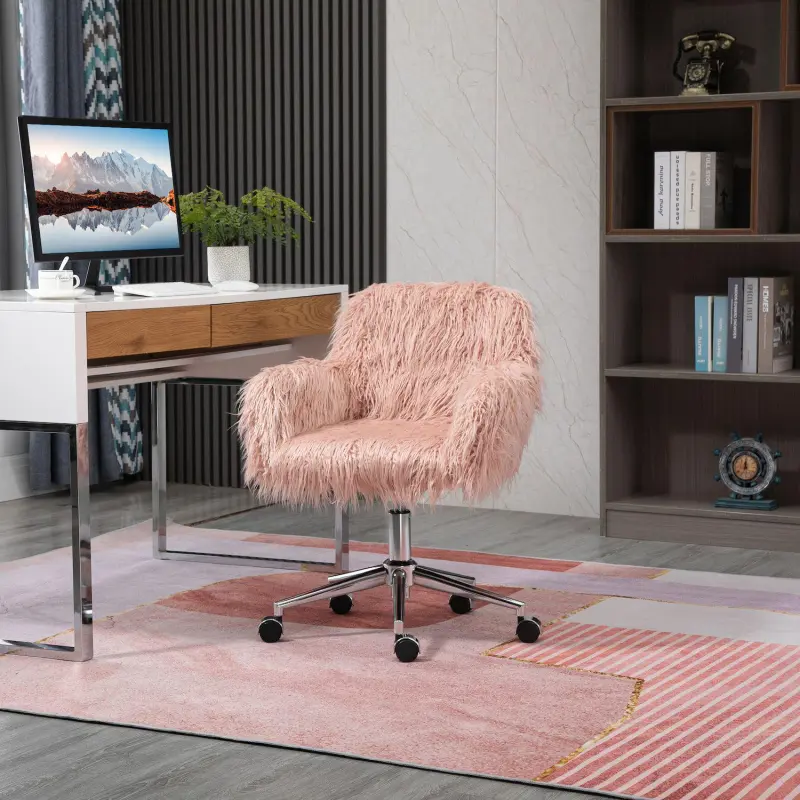 Vinsetto Faux Fur Desk Chair Swivel Vanity Chair with Adjustable Height and Wheels for Office Bedroom Pink - Image 4