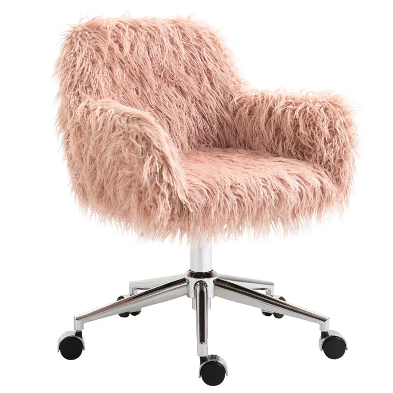 Vinsetto Faux Fur Desk Chair Swivel Vanity Chair with Adjustable Height and Wheels for Office Bedroom Pink - Image 2