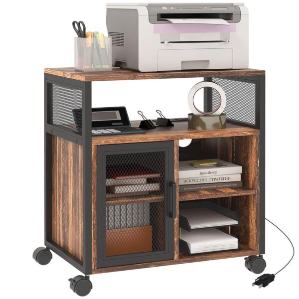 Vinsetto Mobile Printer Stand With Socket and Usb Ports, Rustic Brown